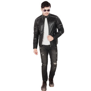 ZB Men Genuine Leather Black Pocket Zipper Jacket