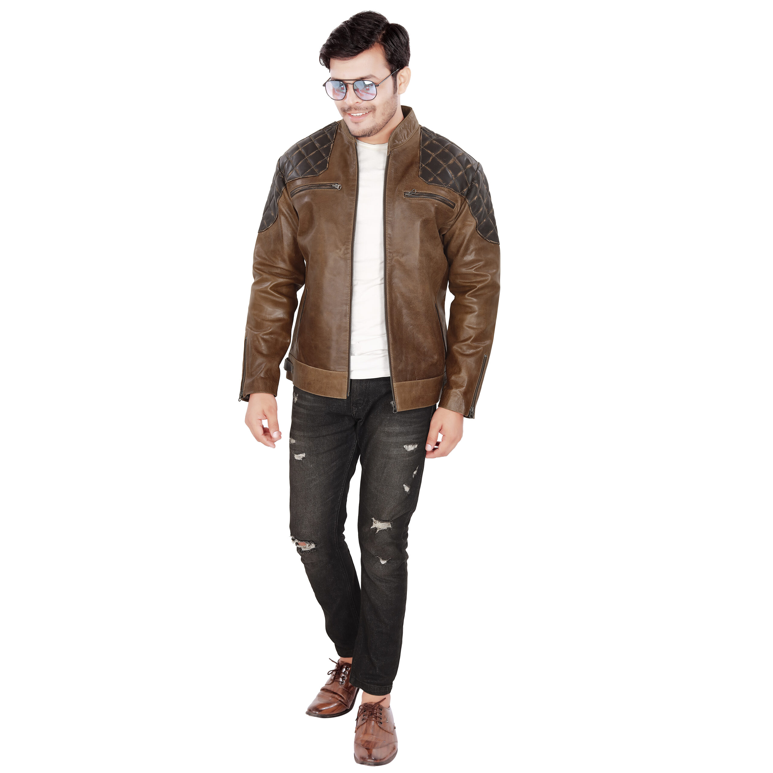ZB Men Brown Shoulder Design Genuine Leather Jacket