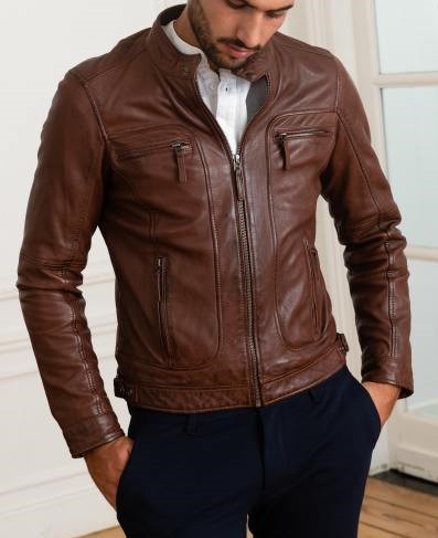 Men Short Design #88 Brown Genuine Leather Jacket (Customized)